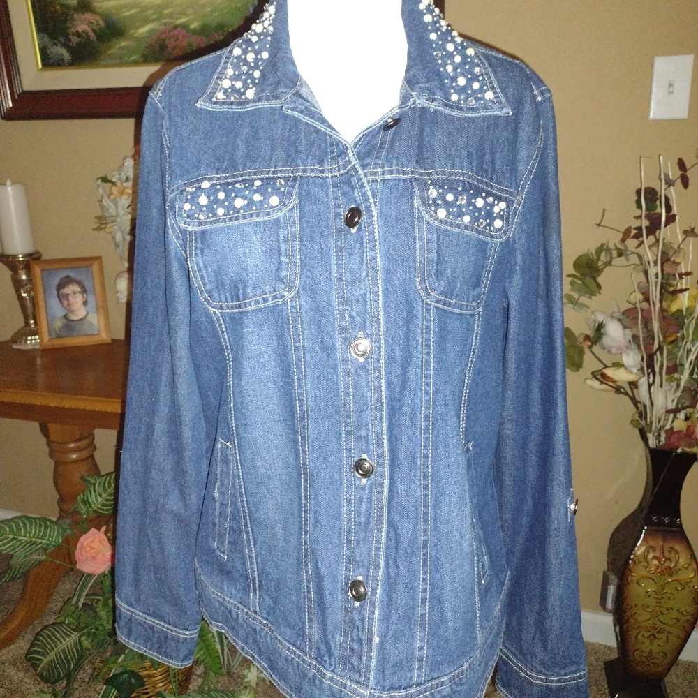 KEREN HART Blue Jean Jacket with Faux Pearls And Rhinestones